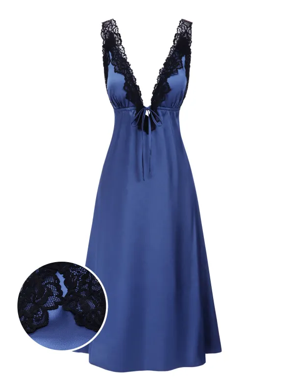 [Pre-Sale] Navy Blue 1930s Satin Lace Deep V-Neck Nightdress sold by Retro Stage