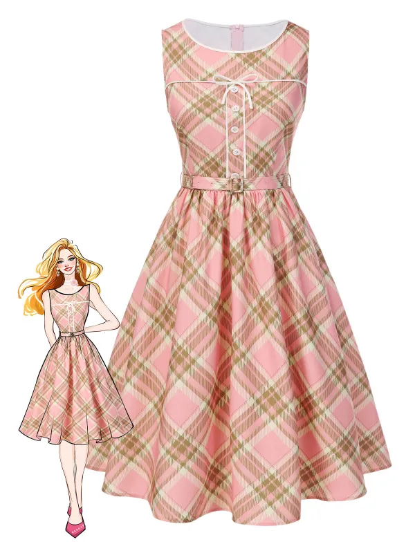 [Pre-Sale] Pink 1950s Gingham Plaid Sleeveless Belted Dress sold by Retro Stage