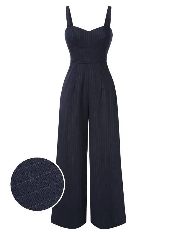 [Pre-Sale] Dark Gray 1930s Pinstripes High Waist Straps Jumpsuit sold by Retro Stage