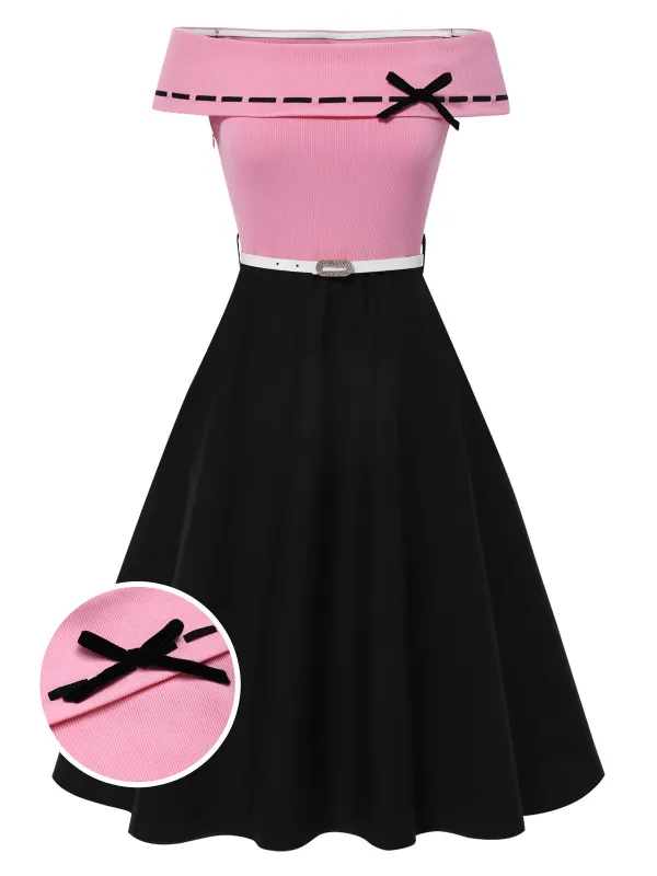 [Pre-Sale] Black & Pink 1950s Off-Shoulder Bow Patchwork Dress sold by Retro Stage