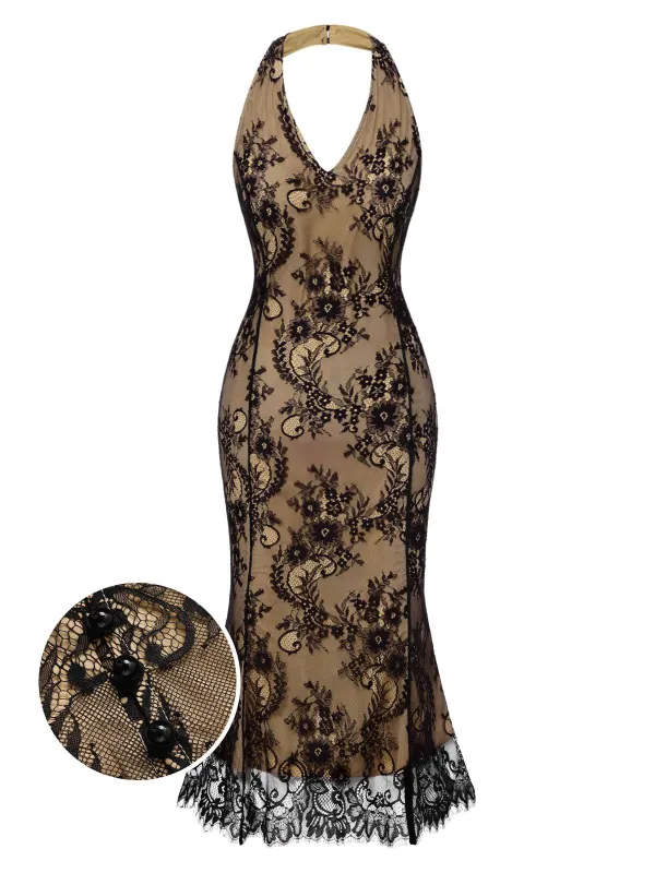 [Pre-Sale] Black 1930s Lace Embroidered Halter Backless Fishtail Dress sold by Retro Stage