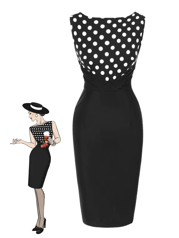 [Pre-Sale] Black 1960s Polka Dots Patchwork Pencil Dress sold by Retro Stage