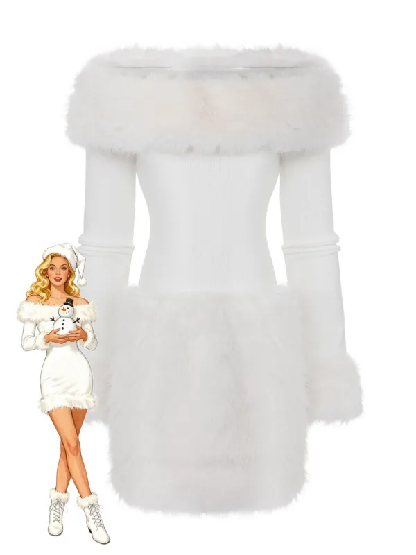 White 1960s Christmas Faux Fur Trim Off-Shoulder Dress sold by Retro Stage