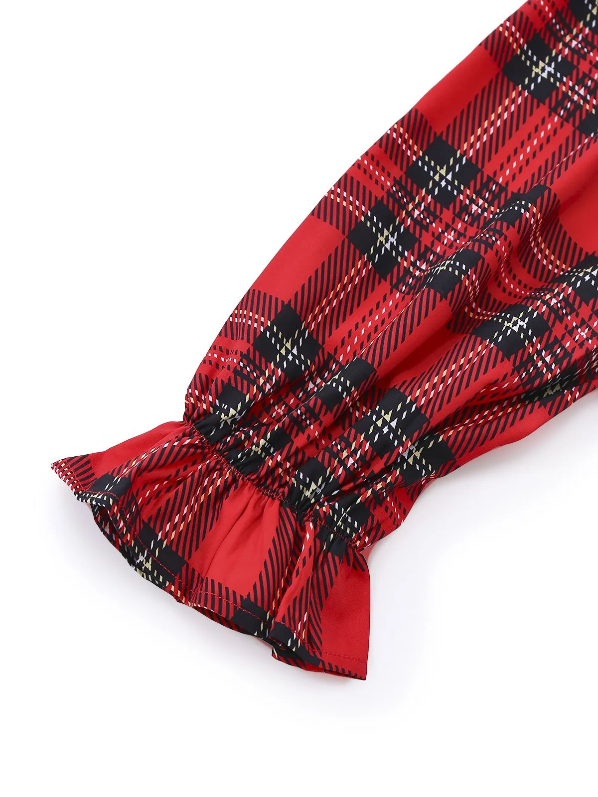 Red 1950s Plaid Bow Deep-V Long Sleeves Dress sold by Retro Stage product image thumbnail 4