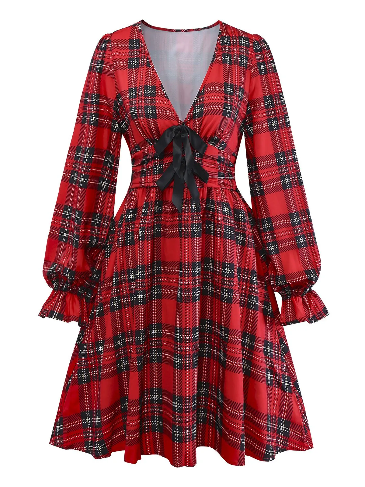 Red 1950s Plaid Bow Deep-V Long Sleeves Dress sold by Retro Stage product image thumbnail 2