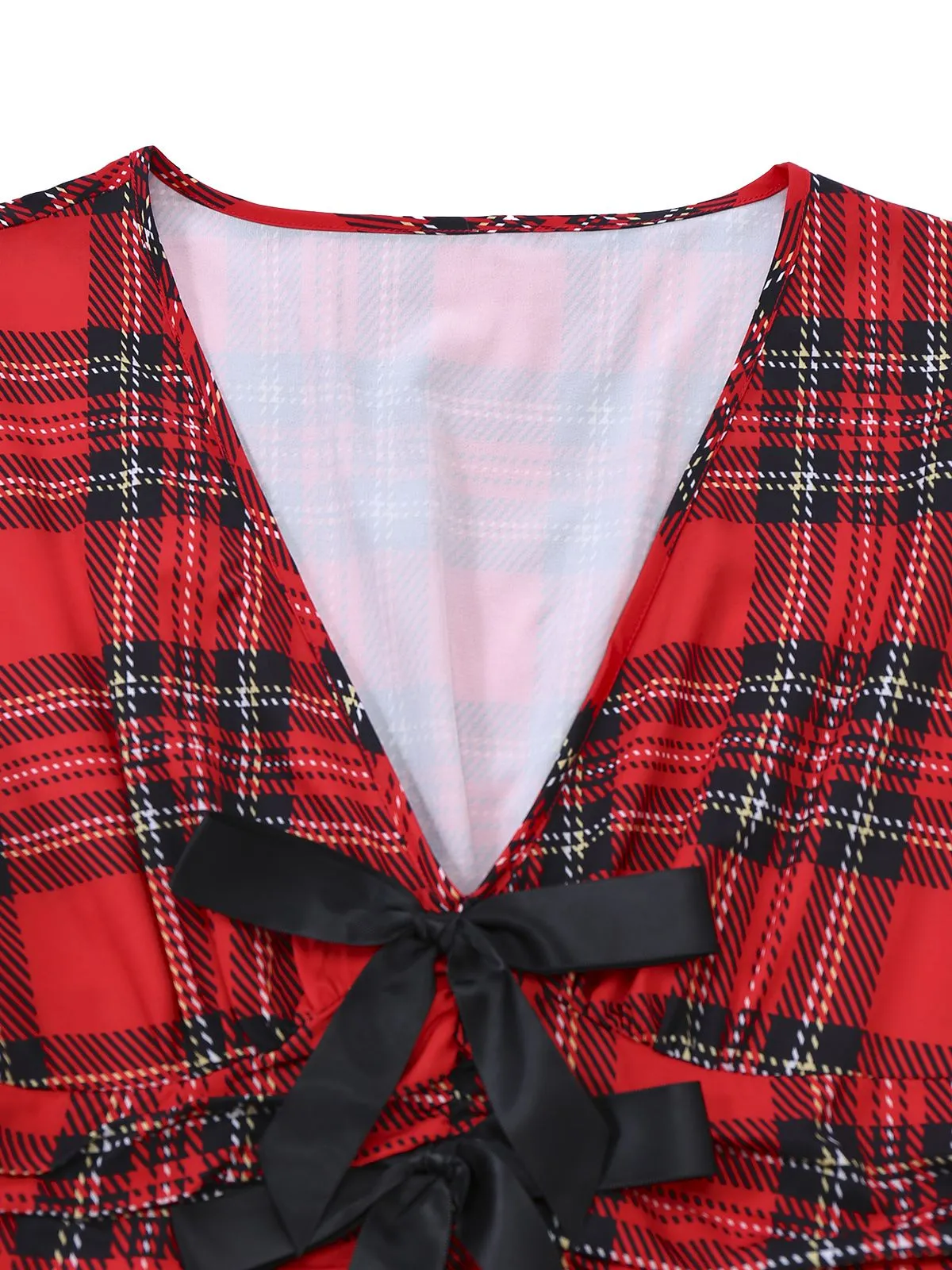 Red 1950s Plaid Bow Deep-V Long Sleeves Dress sold by Retro Stage product image thumbnail 5