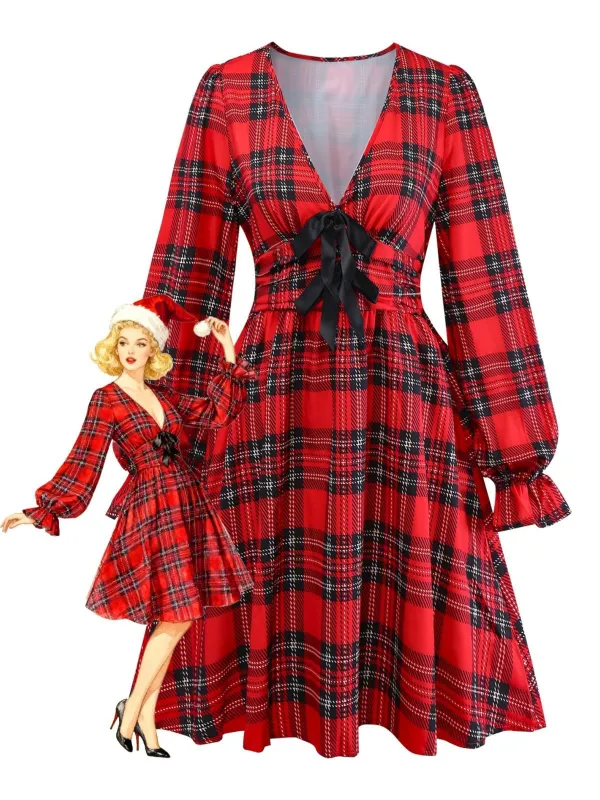Red 1950s Plaid Bow Deep-V Long Sleeves Dress sold by Retro Stage