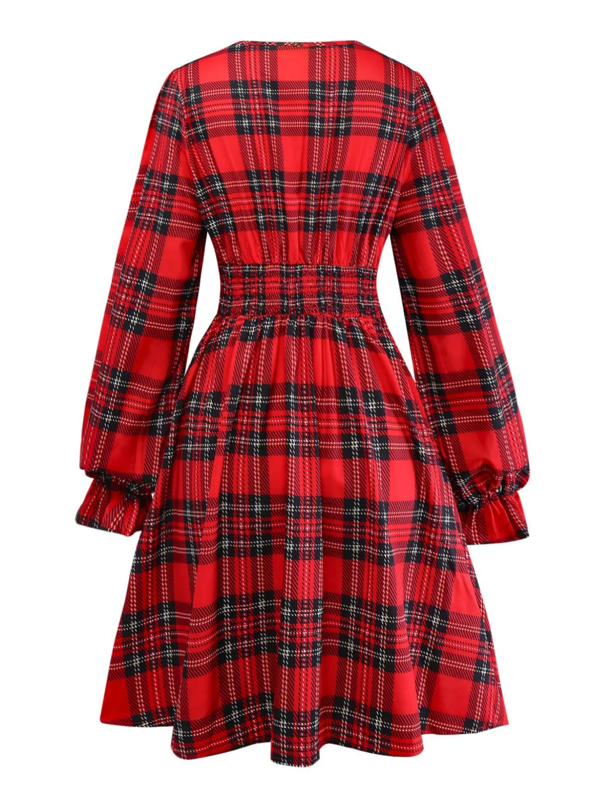 Red 1950s Plaid Bow Deep-V Long Sleeves Dress sold by Retro Stage product image thumbnail 3