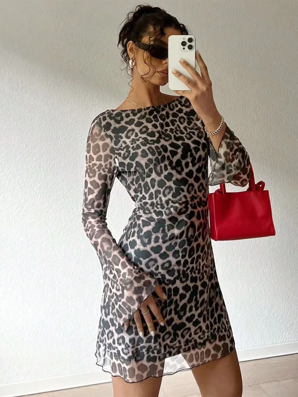 1980s Leopard Sheer Long-Sleeve Backless Dress sold by Retro Stage