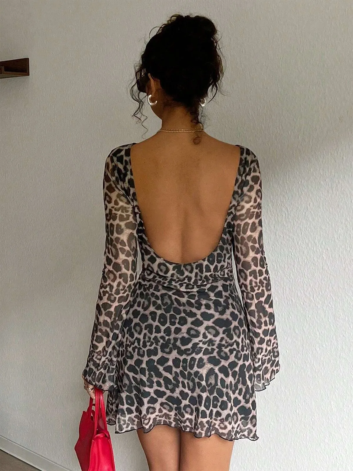1980s Leopard Sheer Long-Sleeve Backless Dress sold by Retro Stage product image thumbnail 3