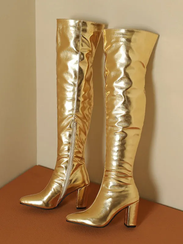 Metallic Thigh-High Block Heel Boots sold by Retro Stage
