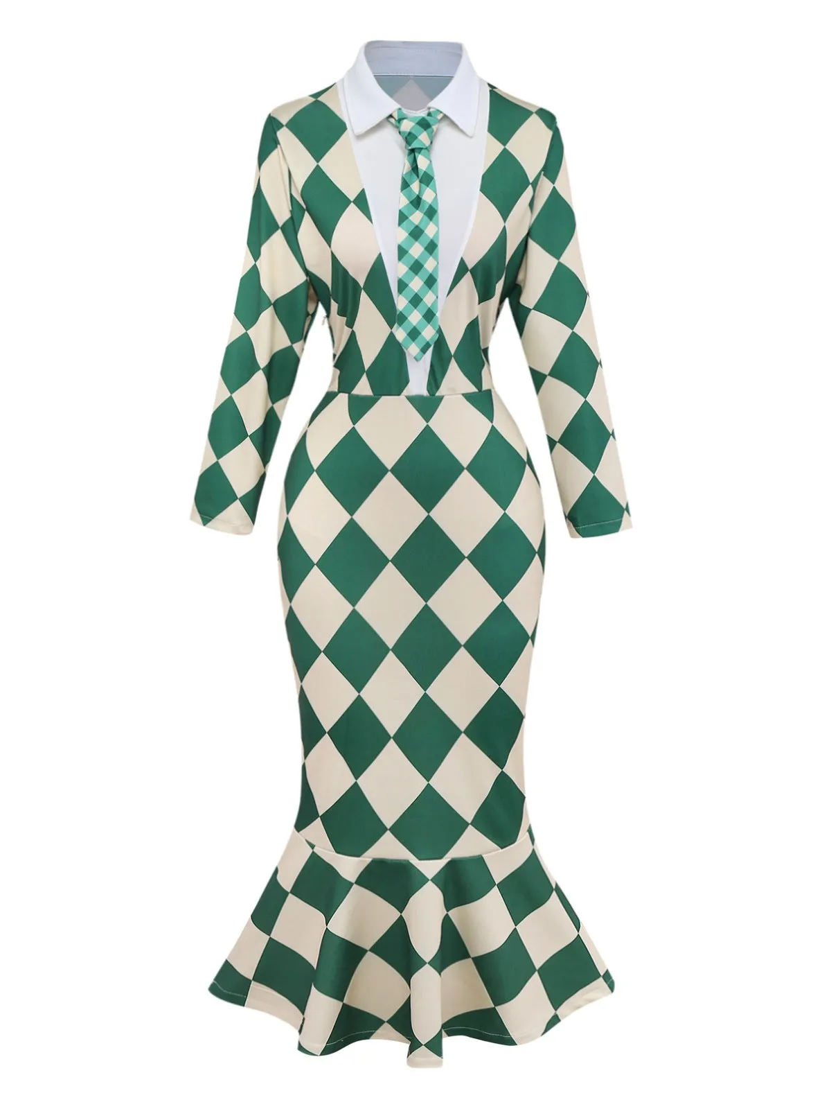 Green 1970s Argyle Fishtail Dress With Tie sold by Retro Stage product image thumbnail 3