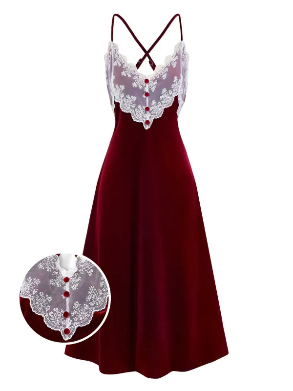 [Pre-Sale] Red 1940s Spaghetti Strap Lace Velvet Nightgown sold by Retro Stage