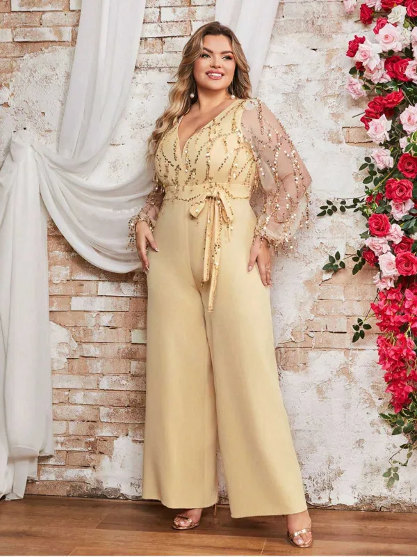 [Plus Size] Light Yellow 1980s Sequined Tassel Mesh Bow Jumpsuit sold by Retro Stage