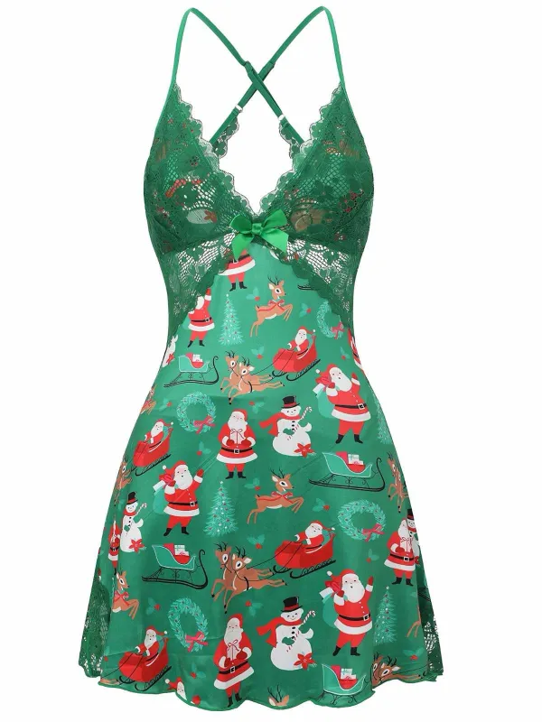 Green 1960s Slip Christmas Print Bow Nightgown sold by Retro Stage