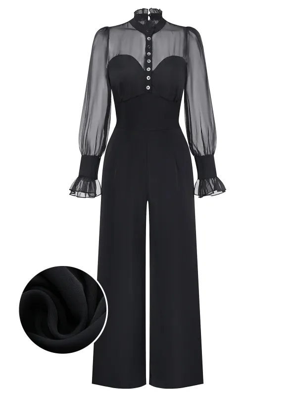 [Pre-Sale] Black 1950s Solid Sheer Sleeve Ruffled Collar Jumpsuit sold by Retro Stage