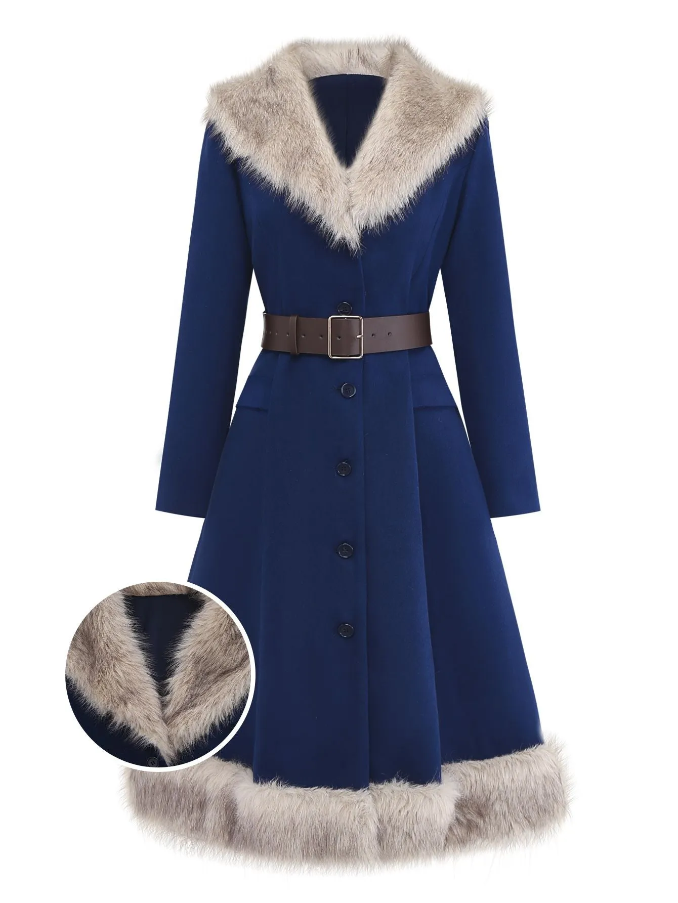 Blue 1960s Faux Fur-Lined Belted Coat sold by Retro Stage