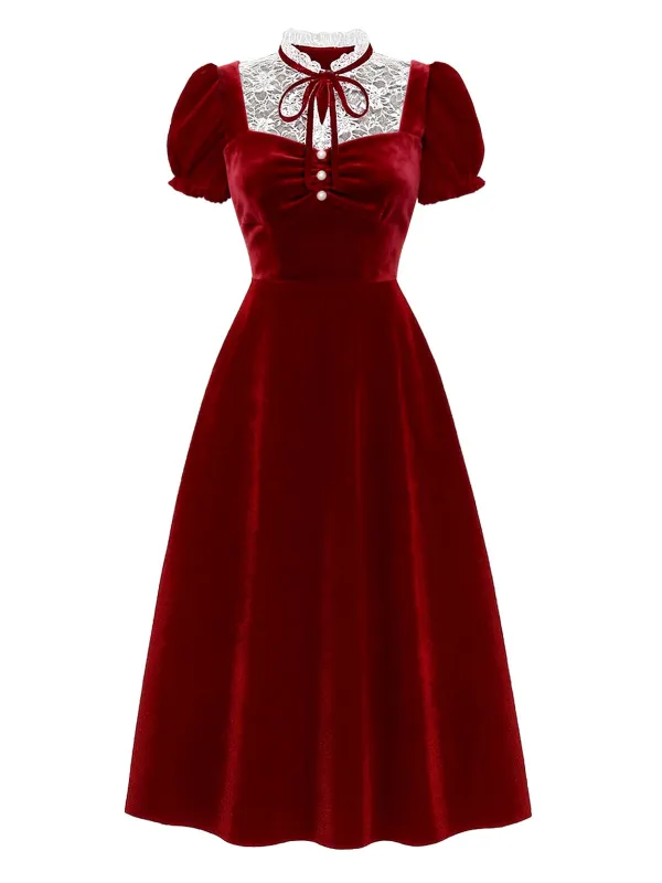 [Pre-Sale] Red 1940s Velvet Lace Bow Puff-Sleeve Dress sold by Retro Stage