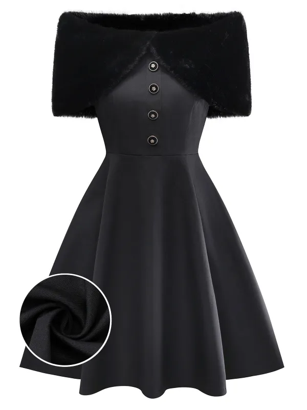 [Pre-Sale] Black 1950s Solid Plush Cape Buttoned Dress sold by Retro Stage