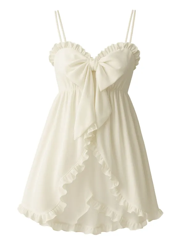[Pre-Sale] White 1960s Ruffled Bow-Cut Spaghetti Straps Nightgown sold by Retro Stage