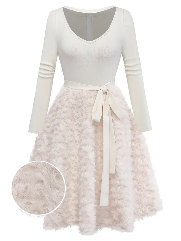 [Pre-Sale] Beige 1950s Keyhole Bow Knit Plush Patchwork Dress sold by Retro Stage