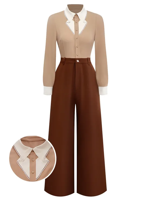[Pre-Sale] Khaki 1940s Colorblock Ruffled Lapel Jumpsuit sold by Retro Stage
