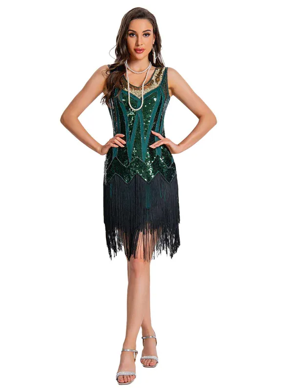 1920s Sequin Flapper Dress with Fringe Hem sold by Retro Stage