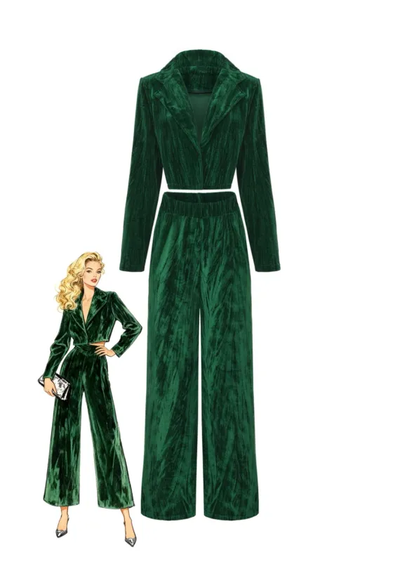 2PCS Green 1980s Solid Pleated Flannelette Blazer & Wide-Leg Pants sold by Retro Stage