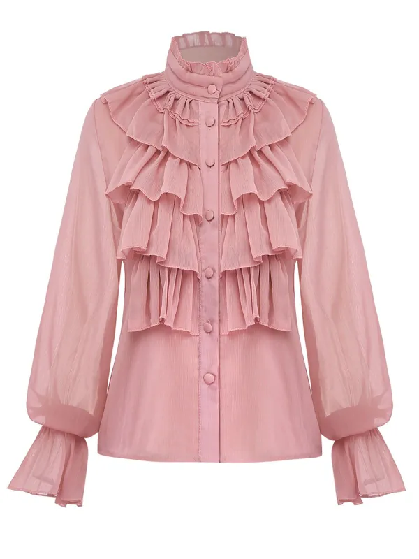 Pink 1980s Chiffon Ruffled High-Neck Blouse sold by Retro Stage