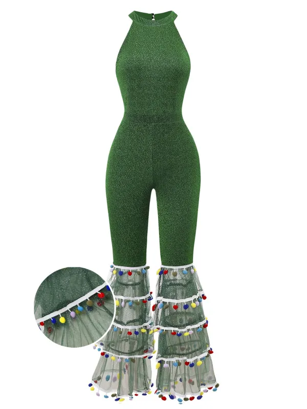 Green 1980s Solid Sparkly Mock Mesh Jumpsuit sold by Retro Stage