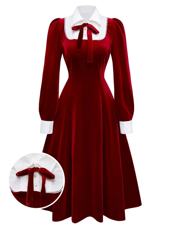 [Pre-Sale] Red 1940s Velvet Shirt Collar Bow Dress sold by Retro Stage