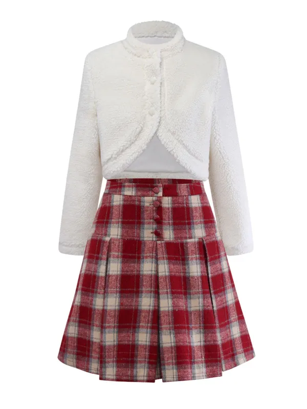 [Pre-Sale] 2PCS White & Red 1960s Faux-Wool Jacket & Pleated Skirt sold by Retro Stage