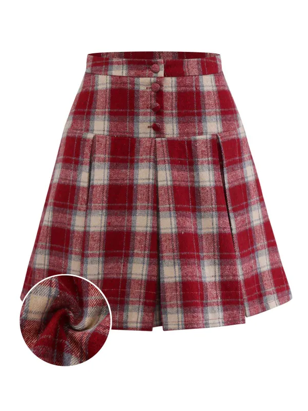 [Pre-Sale] Red 1960s Faux-Wool Plaid Button Pleated Skirt sold by Retro Stage