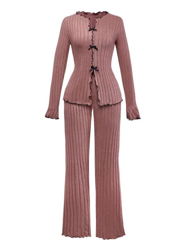1950s Bow Knitted Ruffled Long Pajama Set sold by Retro Stage