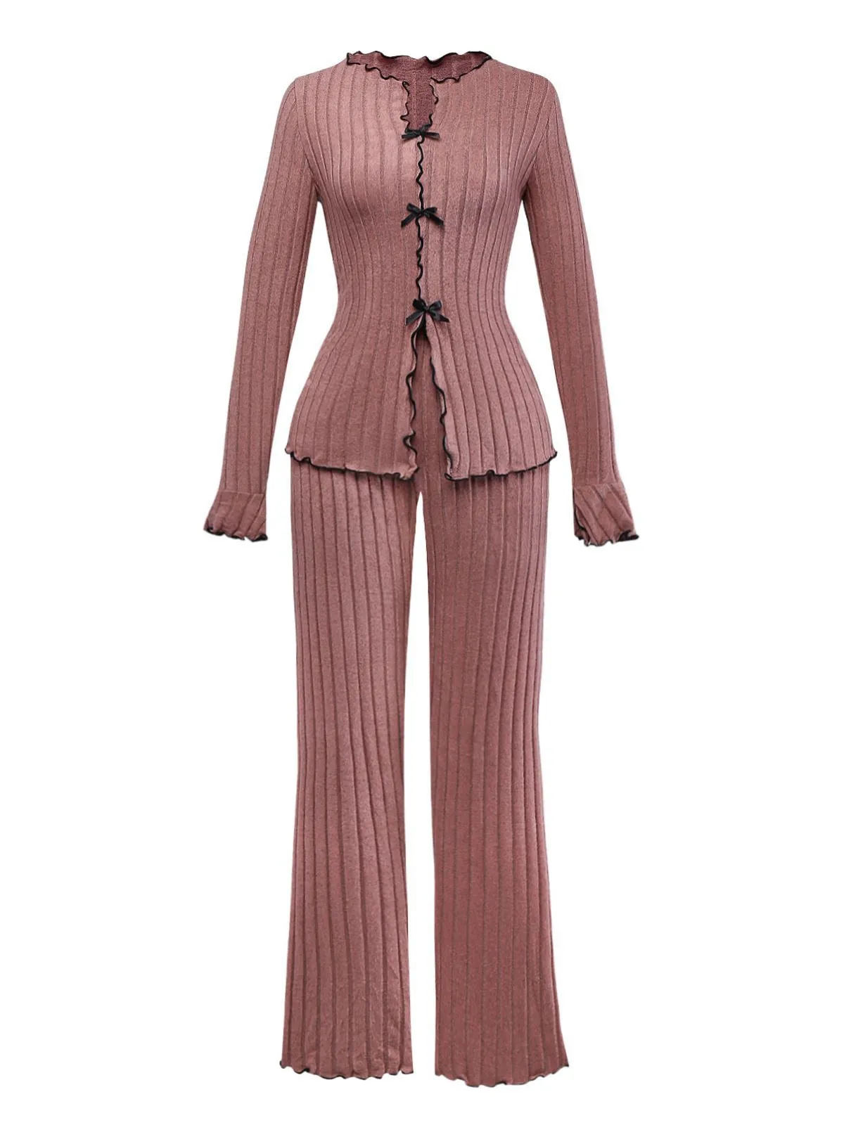 1950s Bow Knitted Ruffled Long Pajama Set sold by Retro Stage