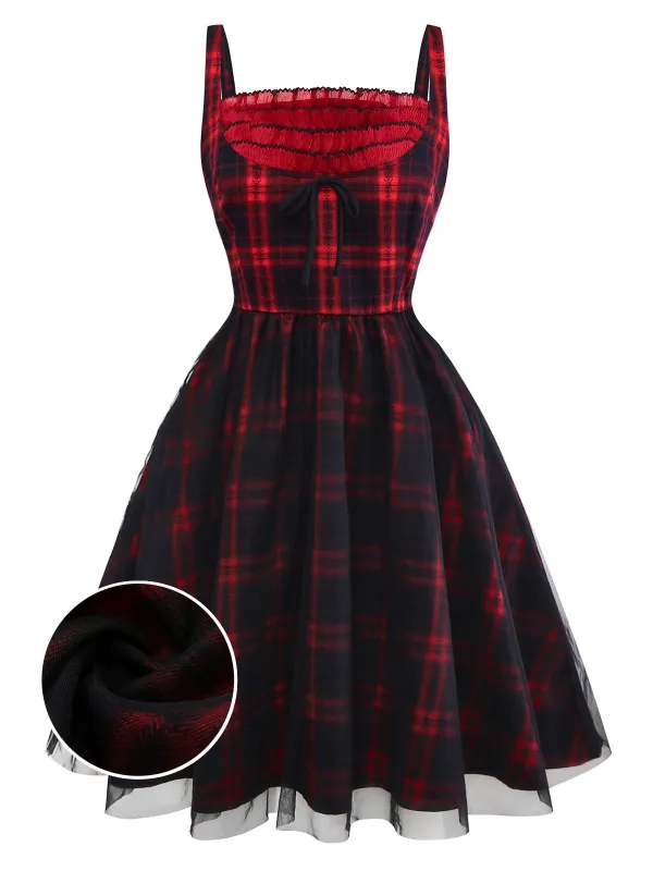 [Pre-Sale] Red & Black 1950s Plaid Bow Mesh Dress sold by Retro Stage