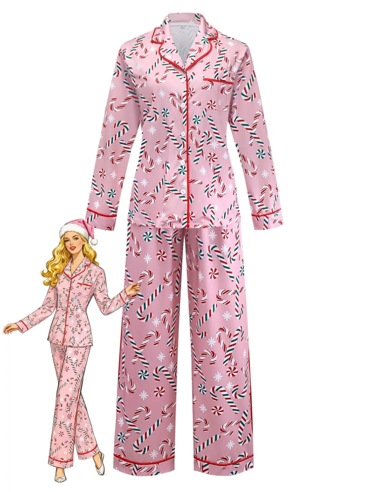 Pink 1940s Christmas Candy Cane Long Pajama Set sold by Retro Stage
