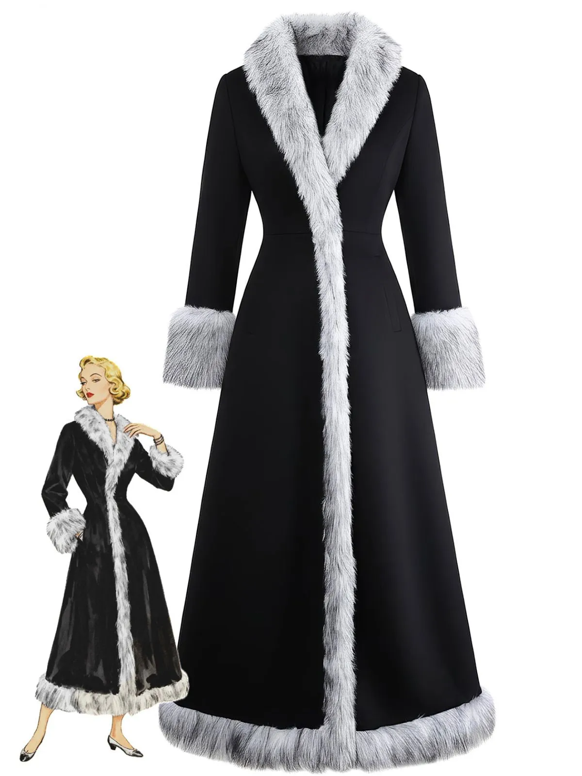Black 1930s Faux Fur Trim Maxi Coat sold by Retro Stage