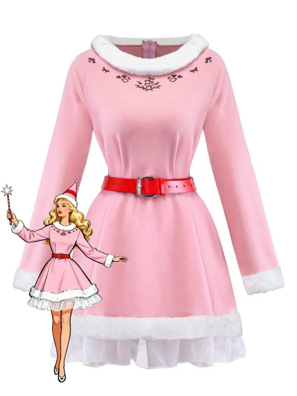Pink 1950s Christmas Elf Plush-Edged Dress Set sold by Retro Stage