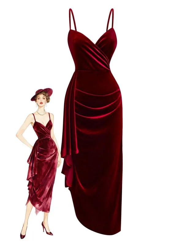Wine Red 1930s Velvet Ruffled Hem Dress sold by Retro Stage