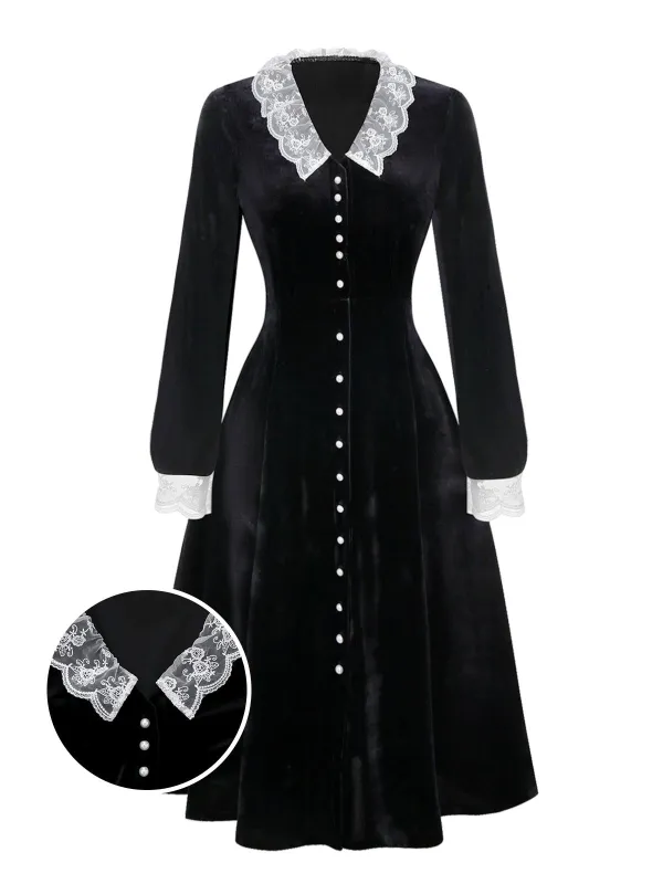 [Pre-Sale] Black 1940s Lace Lapel V-Neck Velvet Dress sold by Retro Stage