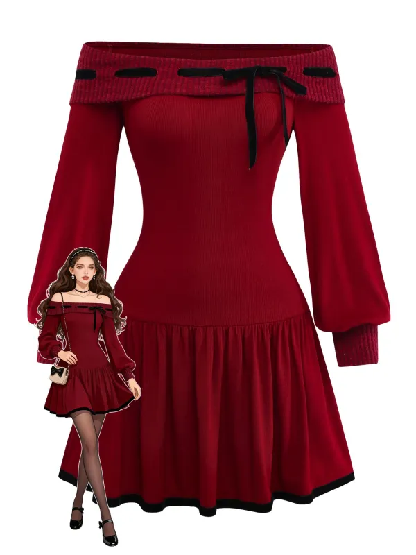 Red 1960s Off-Shoulder Bow Knit Lantern Sleeve Dress sold by Retro Stage