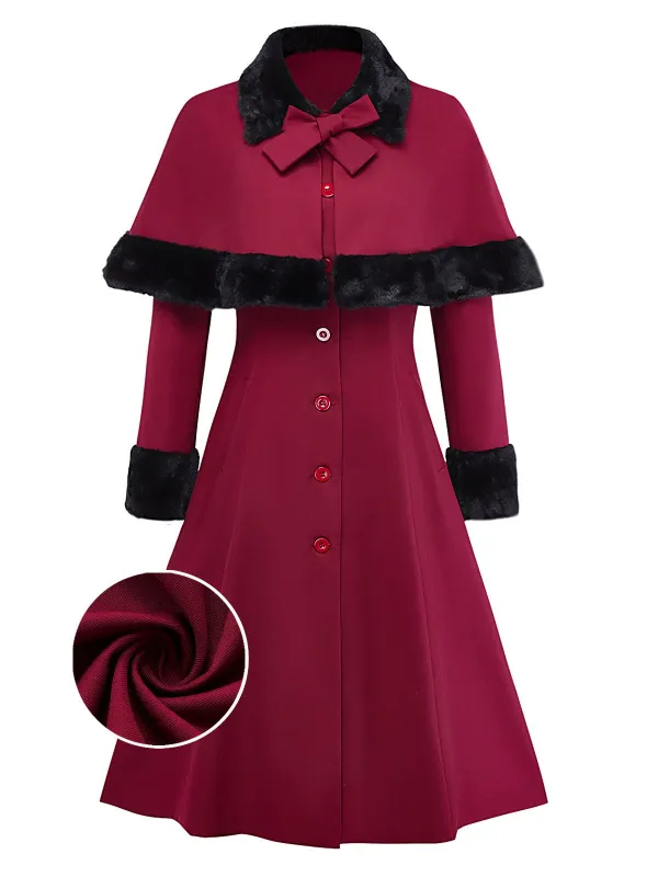 [Pre-Sale] Red 1950s Plush Trim Trench Coat & Detachable Cape sold by Retro Stage