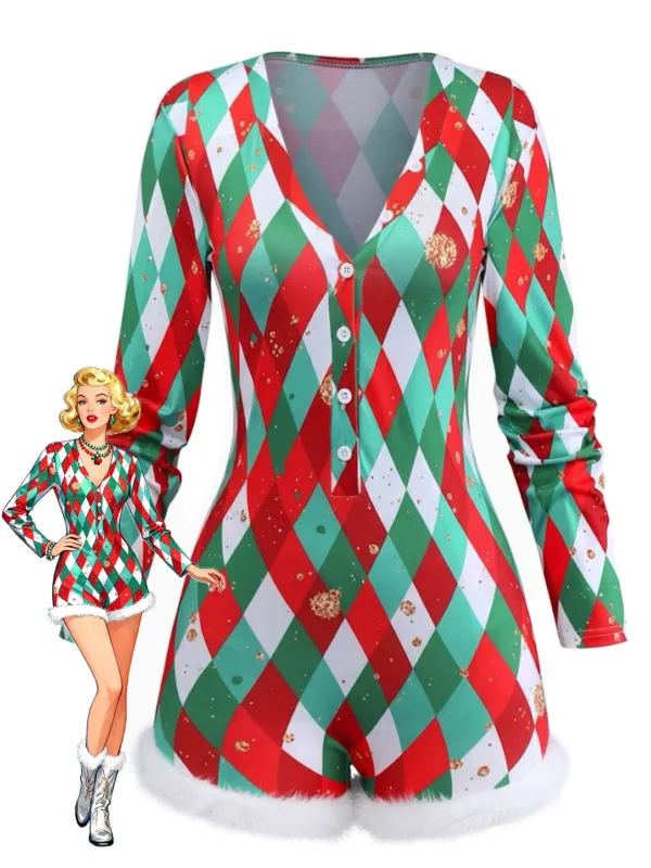 1970s Diamond Grid Christmas Raw Hem Romper sold by Retro Stage