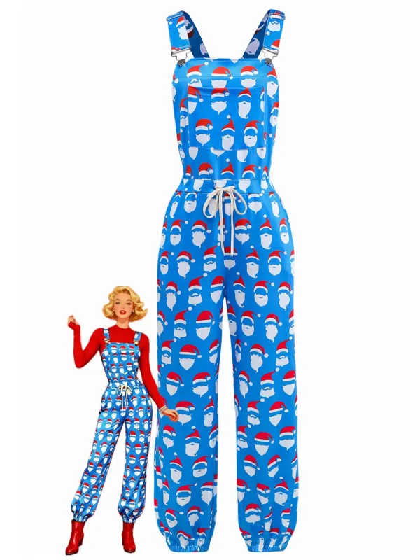 Blue 1960s Santa Claus Print Overalls Jumpsuit sold by Retro Stage