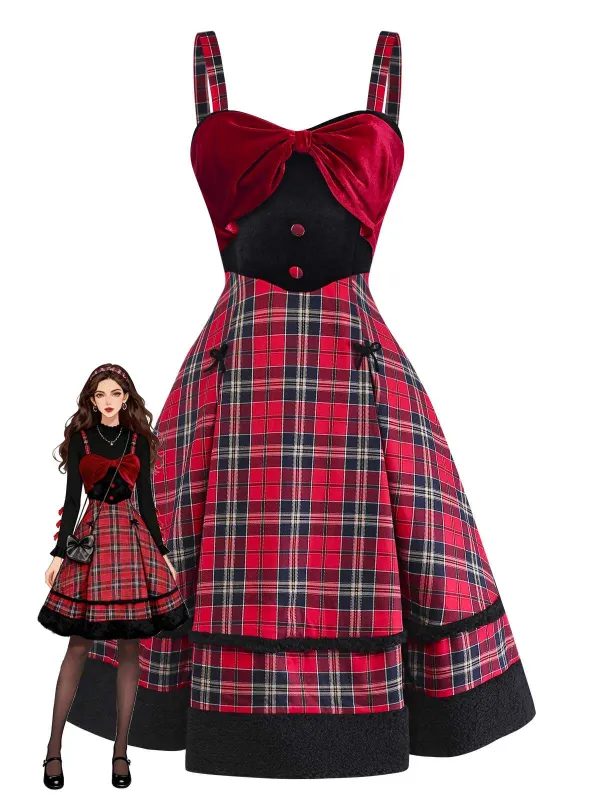 [Pre-Sale] Red 1950s Slip Plaid Velvet Bow Dress sold by Retro Stage
