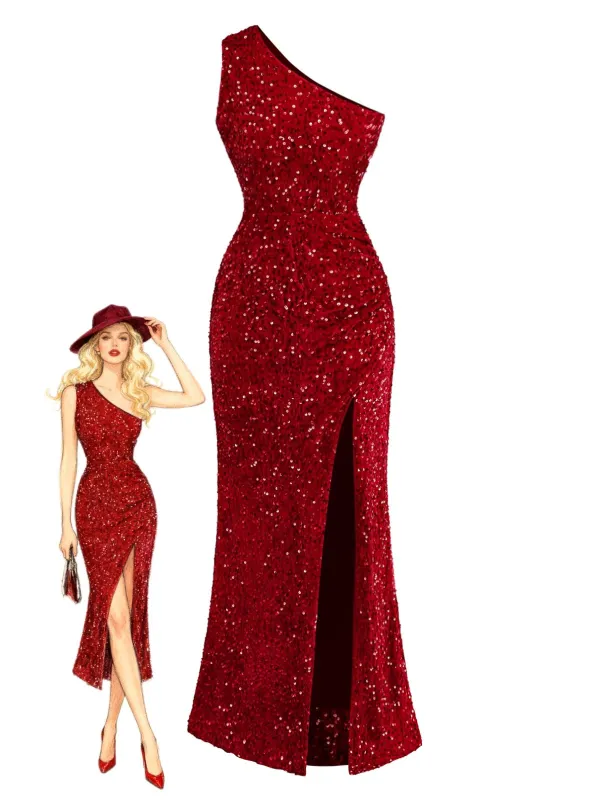 Red 1930s Sequined One-Shoulder Slit Bodycon Dress sold by Retro Stage