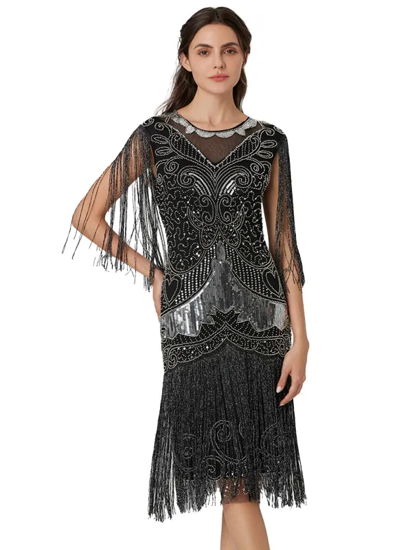 Silver 1920s Sequined Tassel Mesh Patchwork Dress sold by Retro Stage