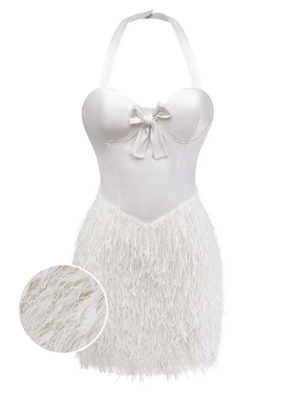 [Pre-Sale] White 1960s Satin Feathered Fringe Bustier Dress sold by Retro Stage
