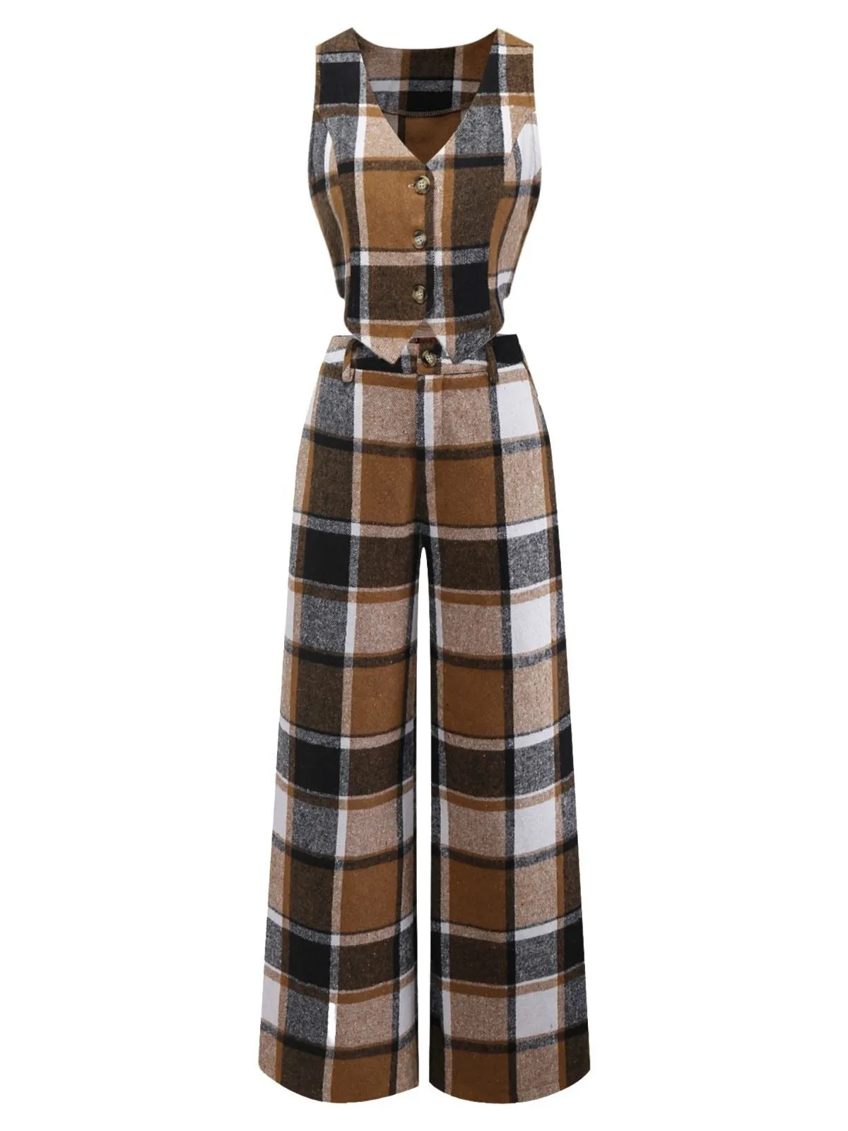 2PCS Khaki 1950s Faux Wool Plaid Sleeveless Vest & Pants sold by Retro Stage product image thumbnail 2